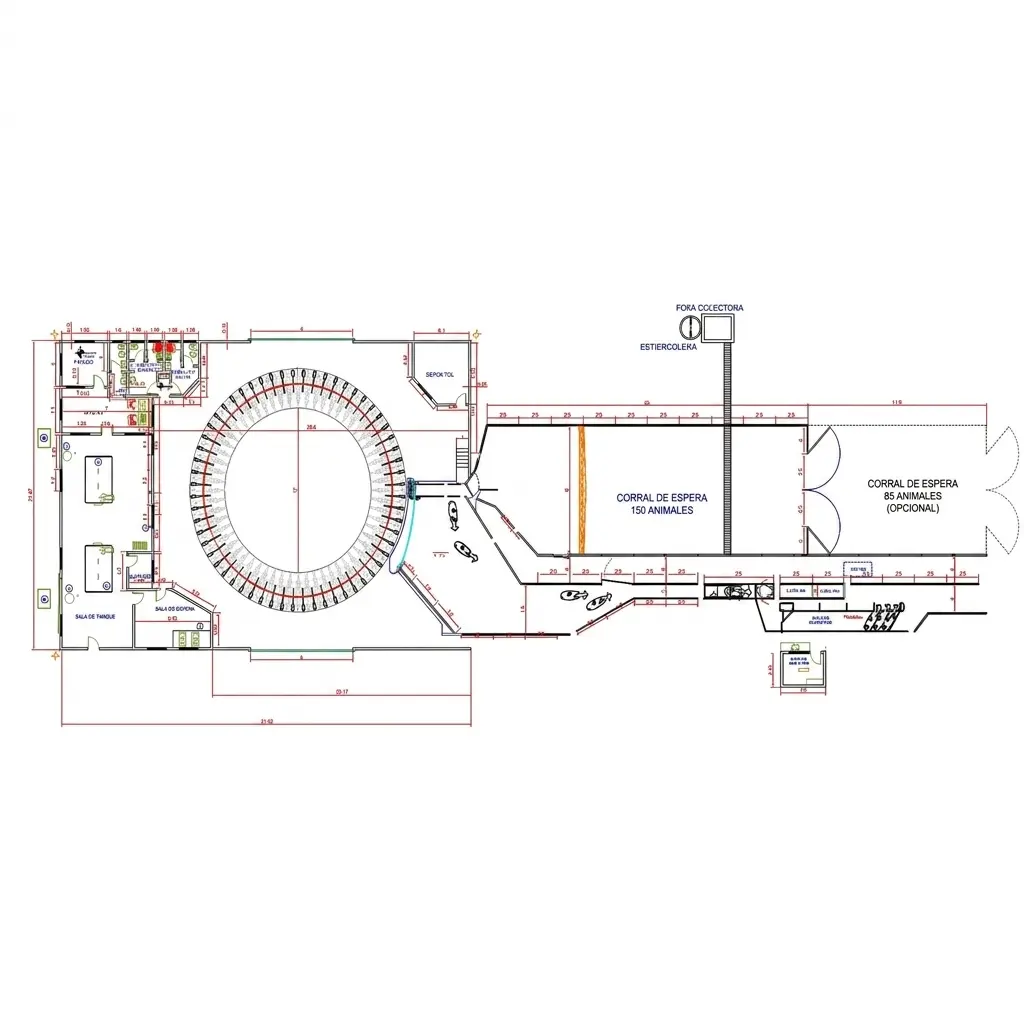 Plano de una sala de ordeño rotativa RODEG